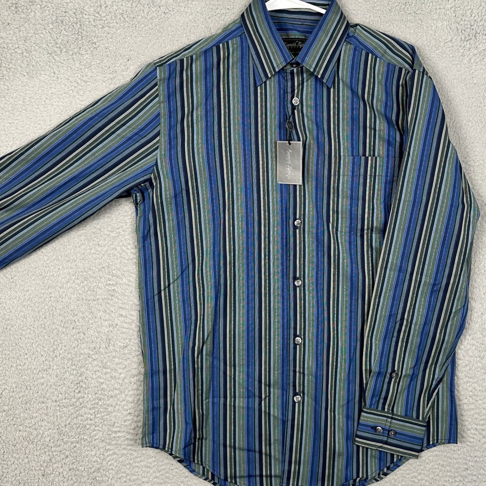 NEW Kenneth Roberts Shirt Men Medium Platinum Blue Green Stripe Button Up Casual